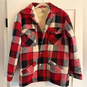 Red and Black Wool Blend Plaid Jacket Sherpa Lining